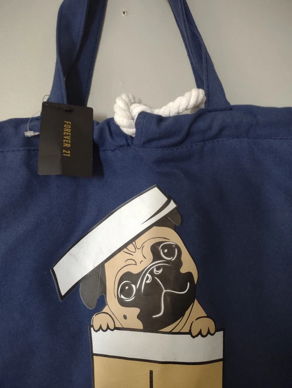 Forever 21 Pug Mug Blue Tote 'I Love Coffee' Totebag